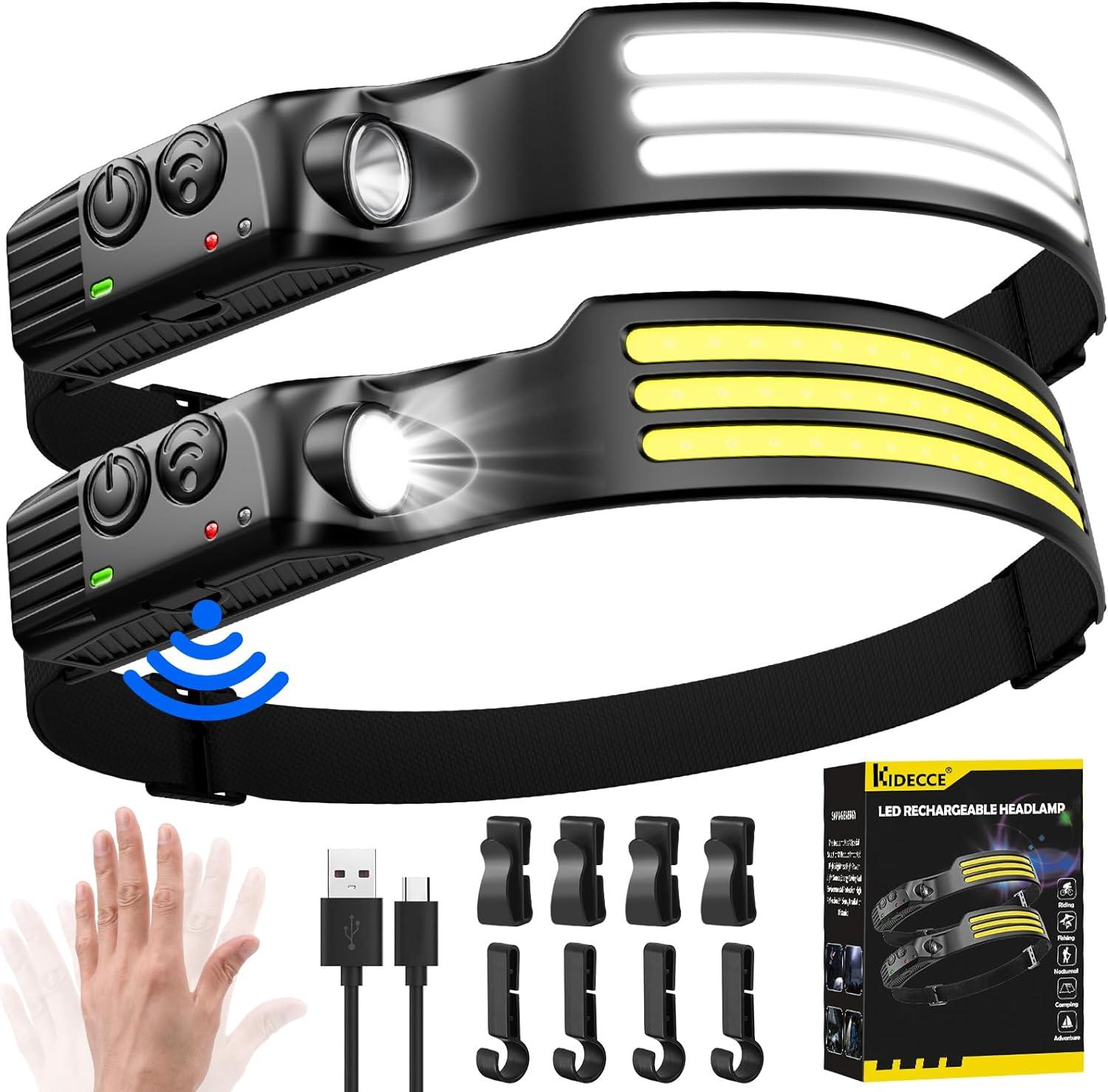 Headlamp Rechargeable,2 Pack Super Bright 3000 Lumen 5 Modes 1500mAh Lampe Frontale,230°Wide Beam 3 Light Motion Sensor Head Lamp,Lightweight Waterproof Headlight for Forehead Camping,Running,Hiking